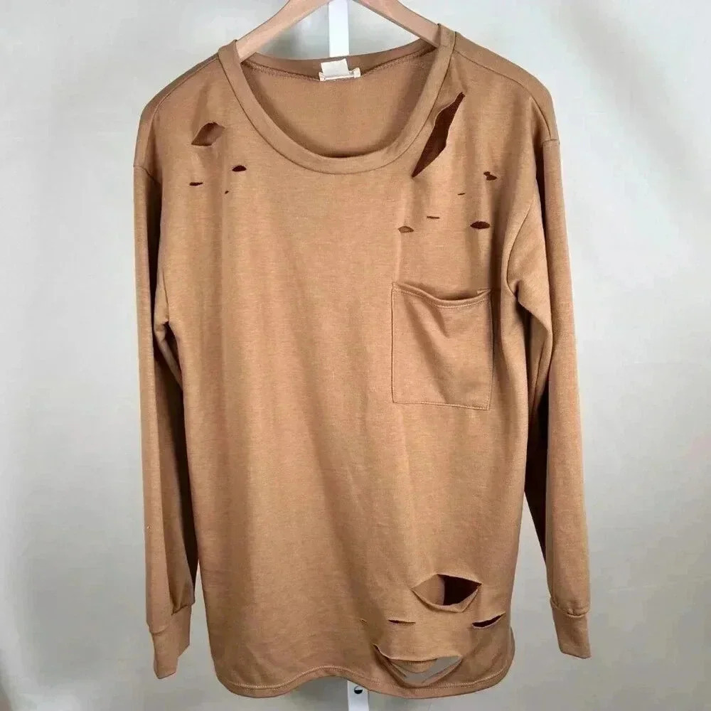 2/$30 BiBi Size Medium Distressed Top Long Sleeve Casual Tan